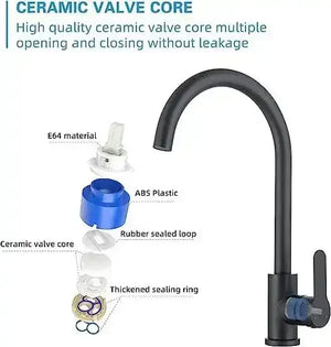 Single-Flow J Bend 360° Hot & Cold Brass Stainless Steel Kitchen Mixer Faucet Black - Fossa Home