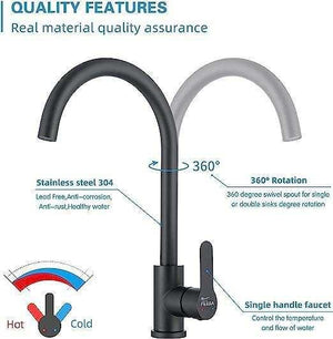 Single-Flow J Bend 360° Hot & Cold Brass Stainless Steel Kitchen Mixer Faucet Black - Fossa Home