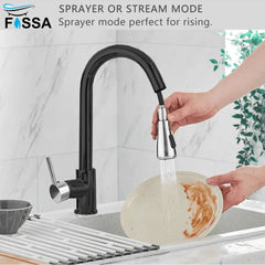 Fossa Kitchen Sink Mixer Tap with Pull Down Sprayer, Single Handle High Pull Out Kitchen Taps, Single Level Stainless Steel (Black Chrome) Fossa Home