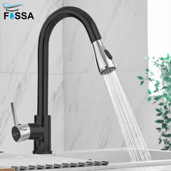 Fossa Kitchen Sink Mixer Tap with Pull Down Sprayer, Single Handle High Pull Out Kitchen Taps, Single Level Stainless Steel (Black Chrome) Fossa Home