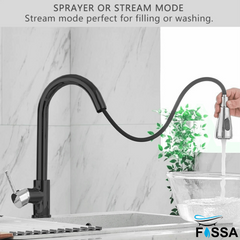 Fossa Kitchen Sink Mixer Tap with Pull Down Sprayer, Single Handle High Pull Out Kitchen Taps, Single Level Stainless Steel (Black Chrome) Fossa Home