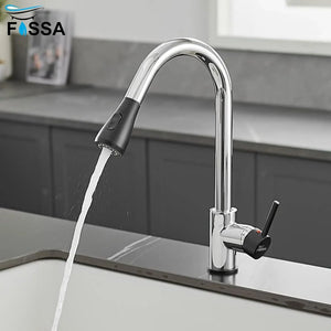 Fossa Kitchen Sink Mixer Tap with Pull Down Sprayer, Single Handle High Pull Out Kitchen Taps, Single Level Stainless Steel (Black Chrome) Fossa Home