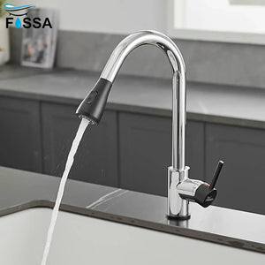 Fossa Kitchen Sink Mixer Tap with Pull Down Sprayer, Single Handle High Pull Out Kitchen Taps, Single Level Stainless Steel (Black Chrome) - Fossa Home