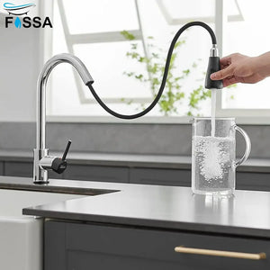 Fossa Kitchen Sink Mixer Tap with Pull Down Sprayer, Single Handle High Pull Out Kitchen Taps, Single Level Stainless Steel (Black Chrome) - Fossa Home