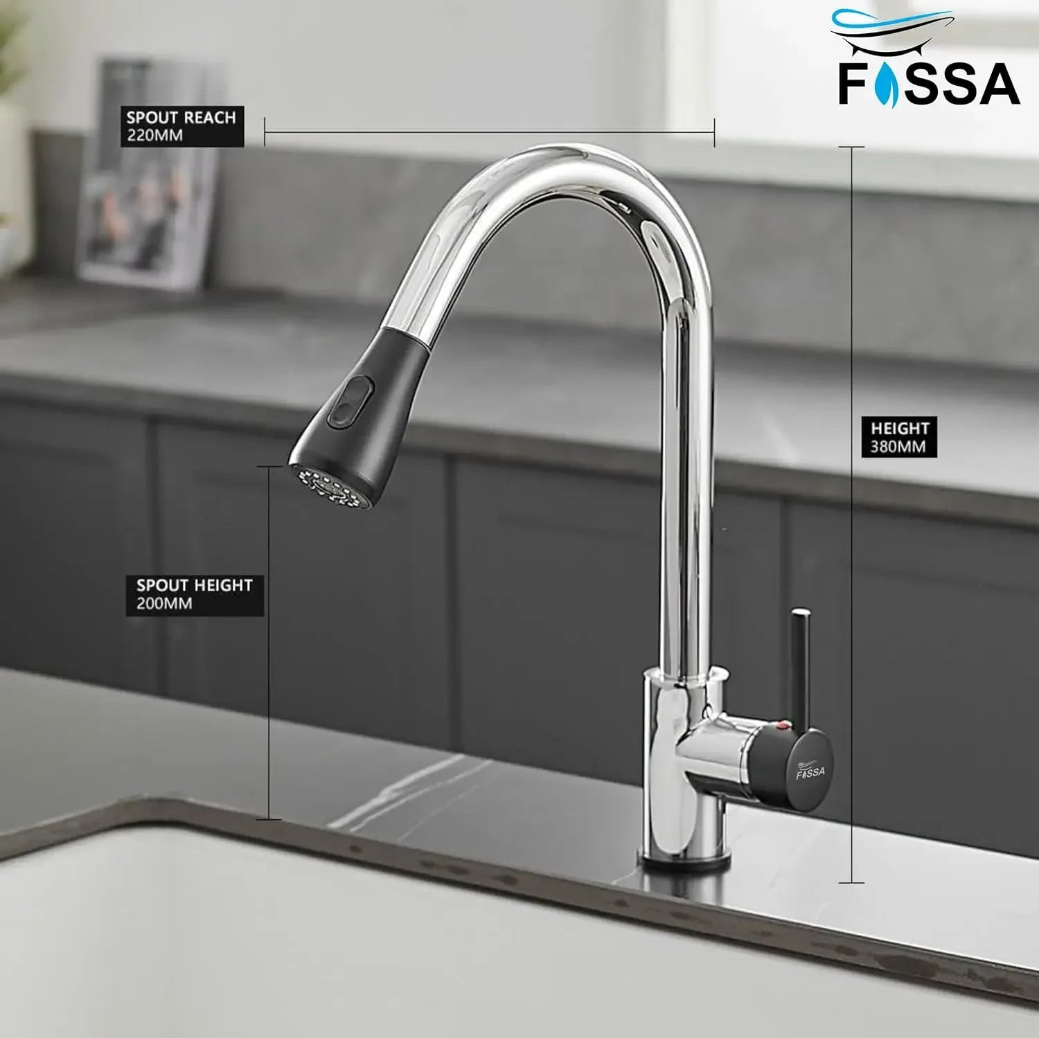 Fossa Kitchen Sink Mixer Tap with Pull Down Sprayer, Single Handle High Pull Out Kitchen Taps, Single Level Stainless Steel (Black Chrome) Fossa Home