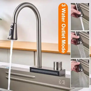 Rainfall Pull Out Four-Flow 360° Hot & Cold Stainless Steel Kitchen Mixer Faucet Black - Fossa Home