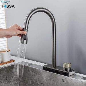 Wainfall Kitchen Sink Faucet Pull Out Four Water Outlet Modes Cold and Hot Can Rotate TAP ( Grey ) Fossa Home