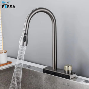 Wainfall Kitchen Sink Faucet Pull Out Four Water Outlet Modes Cold and Hot Can Rotate TAP ( Grey ) Fossa Home