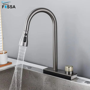 Rainfall Pull Out Four-Flow 360° Hot & Cold Stainless Steel Kitchen Mixer Faucet Black Grey - Fossa Home