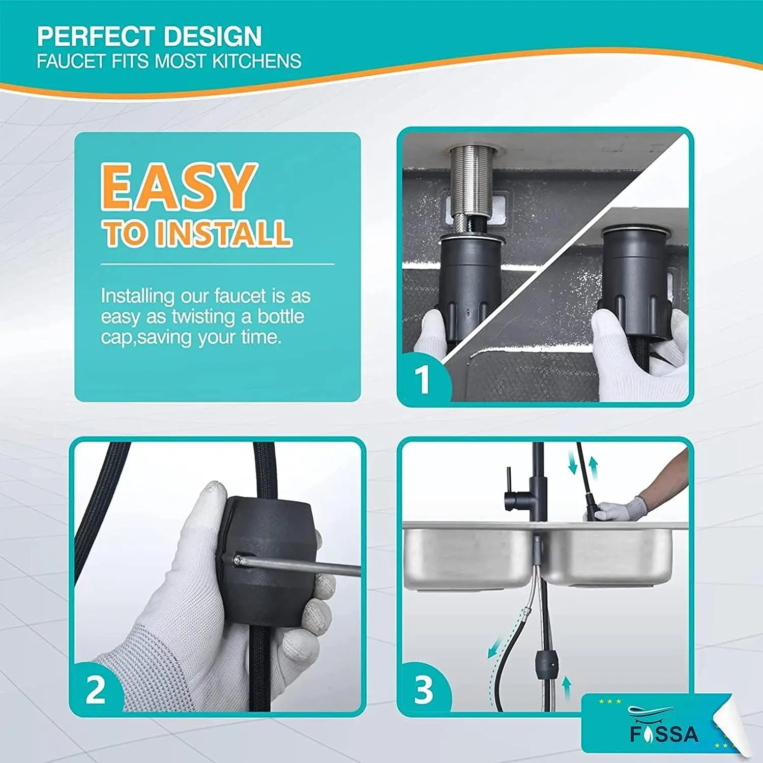 Fossa Extendible Spray Kitchen Tap 360° Swivel Range Sink Mixer Tap Made of Brass Black Single Lever Mixer Tap for Kitchen Sink ( Light Weight ) Fossa Home