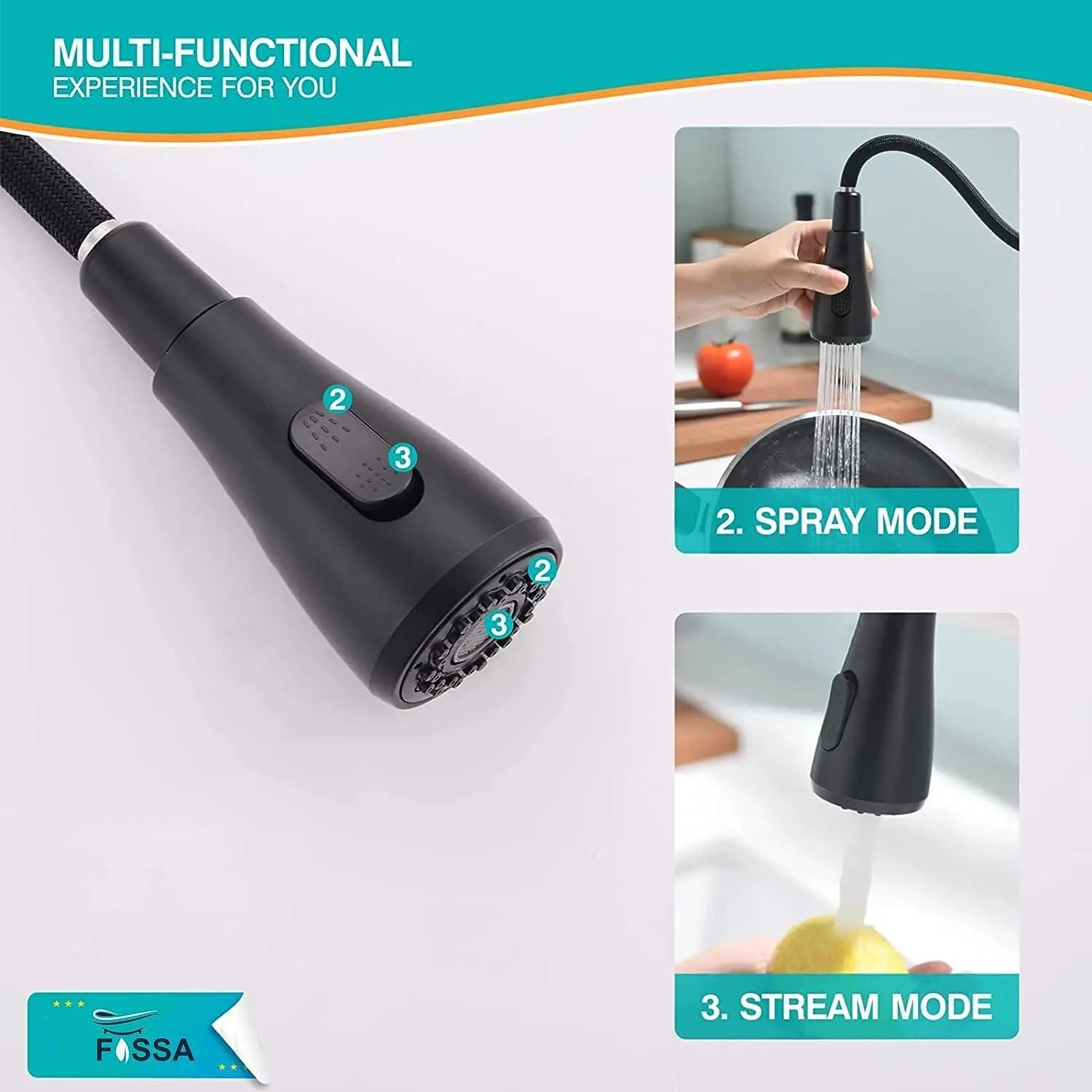 Fossa Extendible Spray Kitchen Tap 360° Swivel Range Sink Mixer Tap Made of Brass Black Single Lever Mixer Tap for Kitchen Sink ( Light Weight ) Fossa Home