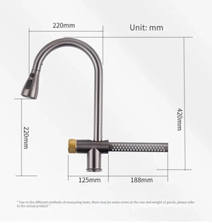 Waterfall Pull Out Four-Flow 360° Hot & Cold Stainless Steel Kitchen Mixer Faucet Black Grey - Fossa Home