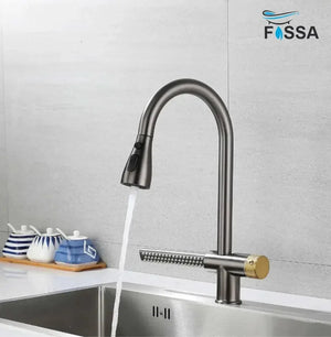 Waterfall Pull Out Four-Flow 360° Hot & Cold Stainless Steel Kitchen Mixer Faucet Black Grey - Fossa Home
