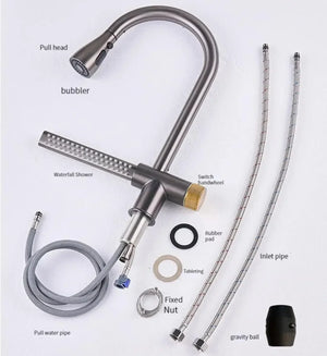 Waterfall Pull Out Four-Flow 360° Hot & Cold Stainless Steel Kitchen Mixer Faucet Black Grey - Fossa Home