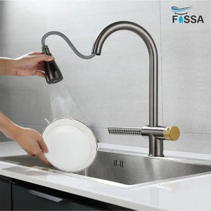 Fossa Kitchen faucets with Pull Down Sprayer with Waterfall Shower Stainless Steel Single Hole Hot and Cold Water Swivel Pull Down Kitchen Faucet-Grey Black (Grey Black) Fossa Home