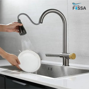 Waterfall Pull Out Four-Flow 360° Hot & Cold Stainless Steel Kitchen Mixer Faucet Black Grey - Fossa Home