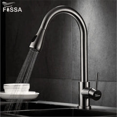 Fossa Kitchen Sink Mixer Tap with Pull Down Sprayer, Single Handle High Pull Out Kitchen Taps, Single Level Stainless Steel Silver ( Heavy weight ) Fossa Home