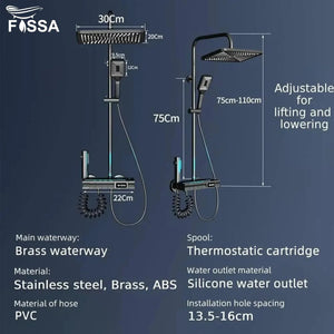 Fossa Brass Thermostatic LED Shower Panel Full Set Temperature Display Shower Set 4 Function, Mixer Shower System, Hand shower, Overhead Shower, Jet Spray For Bathroom Shower Set (Grey) - Fossa Home