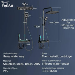 Fossa Brass Thermostatic LED Shower Panel Full Set Temperature Display Shower Set 4 Function, Mixer Shower System, Hand shower, Overhead Shower, Jet Spray For Bathroom Shower Set (Grey) - Fossa Home