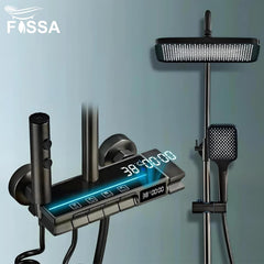 Fossa Brass Thermostatic LED Shower Panel Full Set Temperature Display Shower Set 4 Function, Mixer Shower System, Hand shower, Overhead Shower, Jet Spray For Bathroom Shower Set (Grey) - Fossa Home