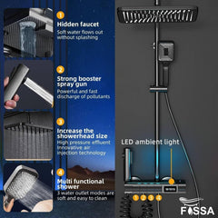 Fossa Brass Thermostatic LED Shower Panel Full Set Temperature Display Shower Set 4 Function, Mixer Shower System, Hand shower, Overhead Shower, Jet Spray For Bathroom Shower Set (Grey) - Fossa Home