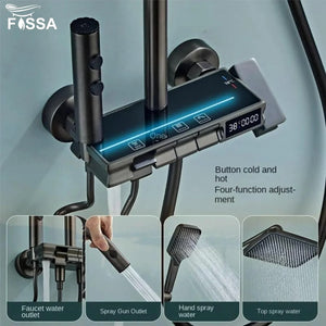 Fossa Brass Thermostatic LED Shower Panel Full Set Temperature Display Shower Set 4 Function, Mixer Shower System, Hand shower, Overhead Shower, Jet Spray For Bathroom Shower Set (Grey) - Fossa Home