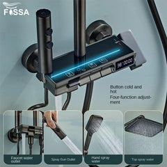 Fossa Brass Thermostatic LED Shower Panel Full Set Temperature Display Shower Set 4 Function, Mixer Shower System, Hand shower, Overhead Shower, Jet Spray For Bathroom Shower Set (Grey) - Fossa Home