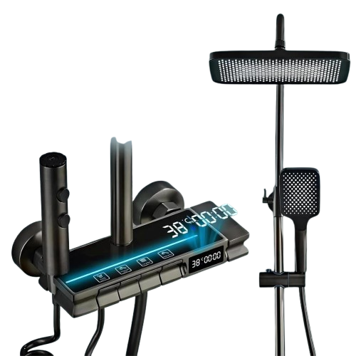 Fossa Brass Thermostatic LED Shower Panel Full Set Temperature Display Shower Set 4 Function, Mixer Shower System, Hand shower, Overhead Shower, Jet Spray For Bathroom Shower Set (Grey) - Fossa Home