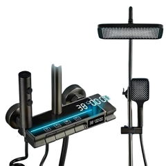 Fossa Brass Thermostatic LED Shower Panel Full Set Temperature Display Shower Set 4 Function, Mixer Shower System, Hand shower, Overhead Shower, Jet Spray For Bathroom Shower Set (Grey) - Fossa Home