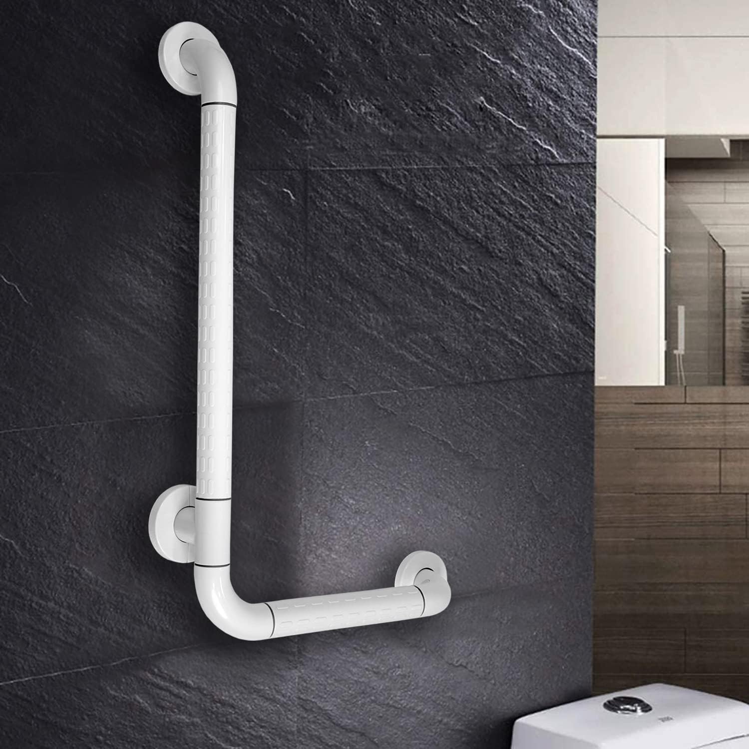 Fossa L-Shaped Stainless Steel 90° Anti-Slip Nylon Grip Grab Bar – Wall Mounted Safety Bar for Bathroom | Toilet Grab Bar for Elderly & Senior Citizens | White - Fossa Home