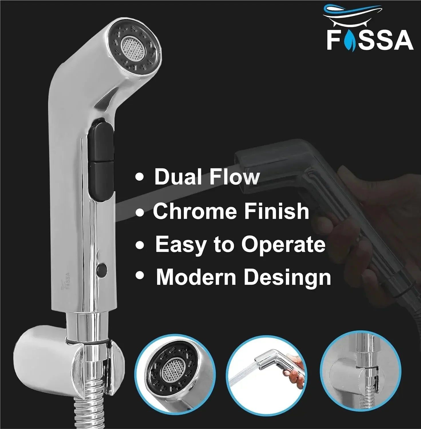 Fossa Hydra Health Faucet Bathroom Hand Spray for Toilet Leak Proof Toilet Sprayer Portable Hand Faucets with 1 Mtr Hose Pipe and Hook (Complete Set) - Fossa Home