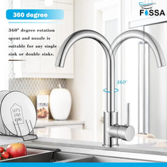 Fossa J Bend Faucet High Pressure Kitchen Faucet 360° Swivel, Stainless Steel Kitchen Faucet, Kitchen Mixer Tap with High Spout - 257mm (Chrome Finish) - Fossa Home