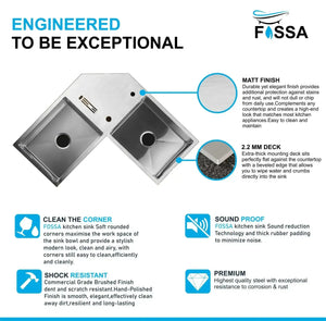 Fossa Corner Sink 36"x36"x10" Double Bowl With Drain Board Premium Handmade Kitchen Sink Fossa Home