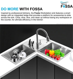 Fossa Corner Sink 36"x36"x10" Double Bowl With Drain Board Premium Handmade Kitchen Sink Fossa Home