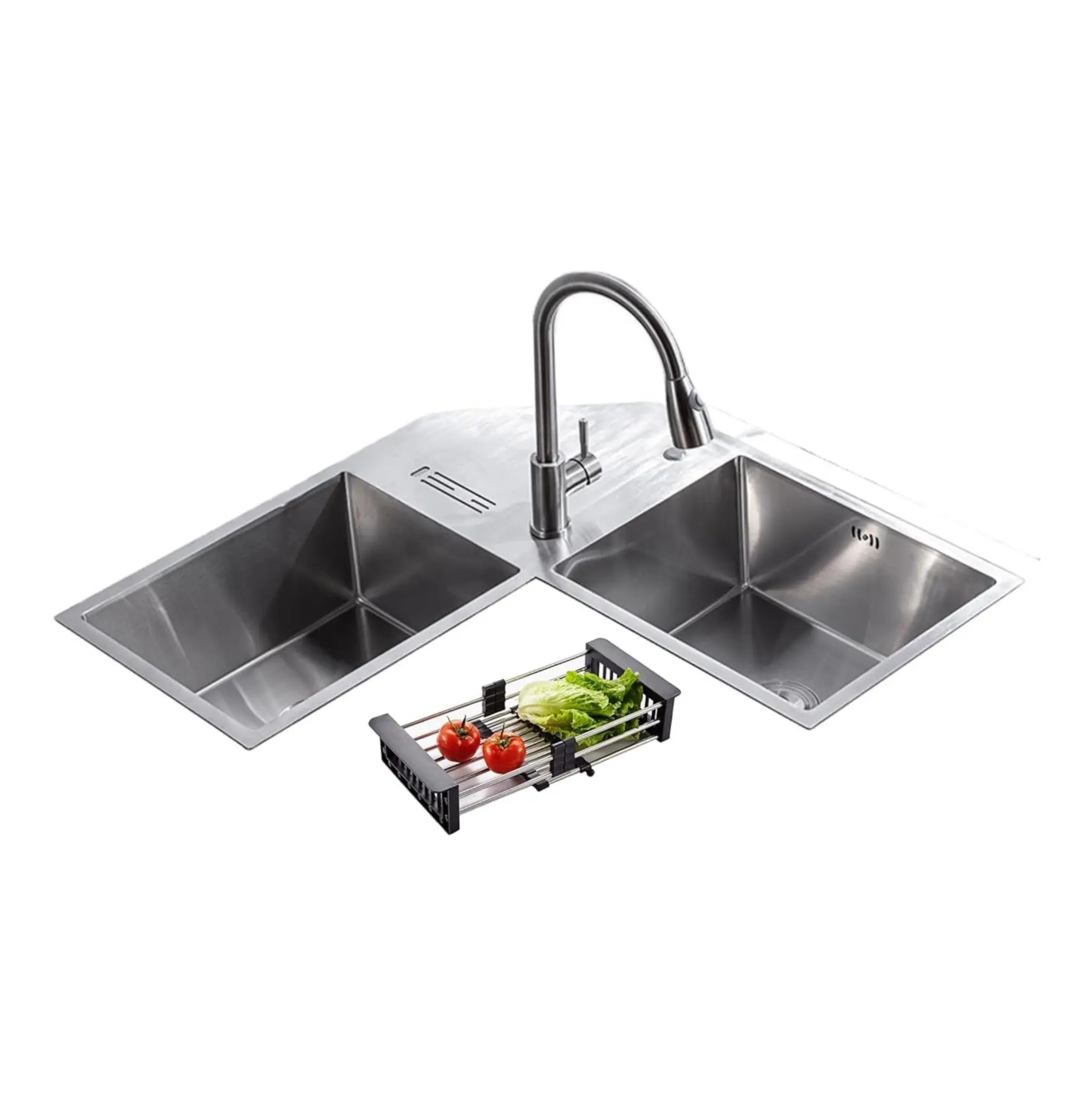 Fossa Corner Sink 36"x36"x10" Double Bowl With Drain Board Premium Handmade Kitchen Sink Fossa Home