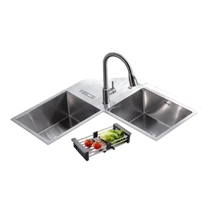 Premium Handmade 36"x36"x10" Inch Stainless Steel Corner Double Bowl Kitchen Sink with Drain Board - Fossa Home