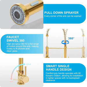 Spring Kitchen Sink Mixer Tap with Pull-Down Sprayer 360° Swivel Hot & Cold Gold Finish - Fossa Home