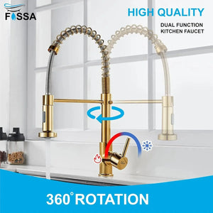 Spring Kitchen Sink Mixer Tap with Pull-Down Sprayer 360° Swivel Hot & Cold Gold Finish - Fossa Home
