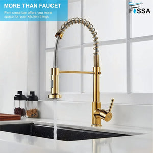 Spring Kitchen Sink Mixer Tap with Pull-Down Sprayer 360° Swivel Hot & Cold Gold Finish - Fossa Home