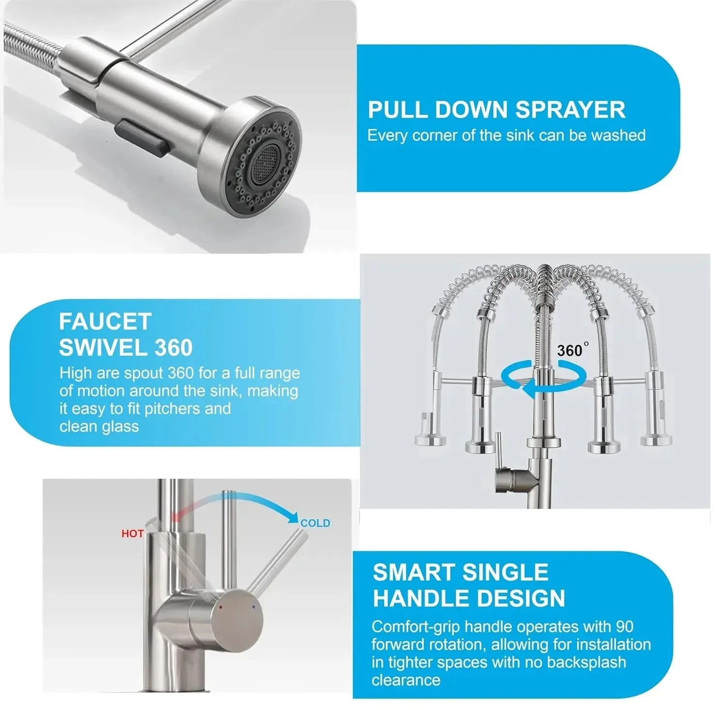 Fossa Kitchen Taps, Kitchen Sink Mixer Tap with Pull Down Sprayer, Kitchen Mixer Taps 1 Hole, 360°Swivel Spring Kitchen Faucet Single Handle Lever, 2 Spray Modes (Chrome Finish) (Silver) - Fossa Home