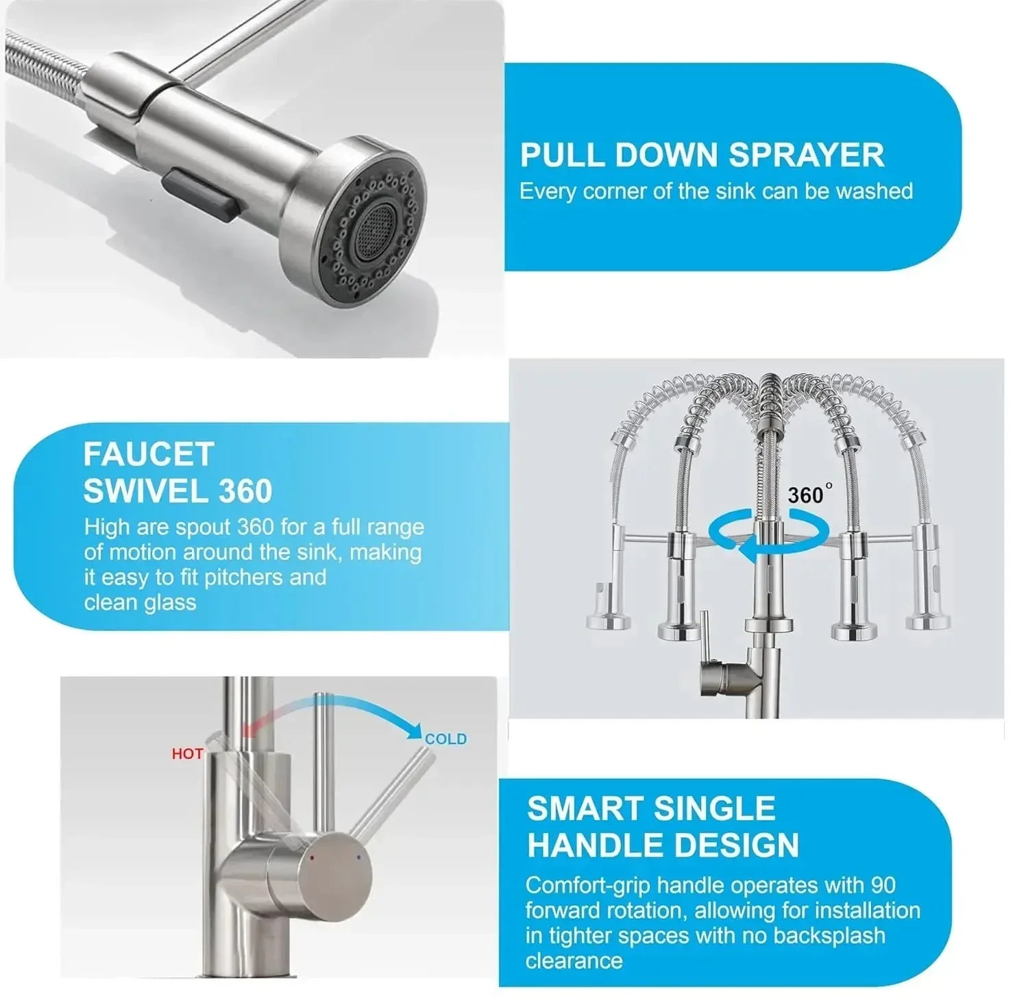 Single-Flow Pull-Down 360° Hot & Cold Brushed Nikal Kitchen Mixer Faucet Silver - Fossa Home