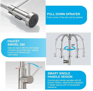 Single-Flow Pull-Down 360° Hot & Cold Brushed Nikal Kitchen Mixer Faucet Silver - Fossa Home