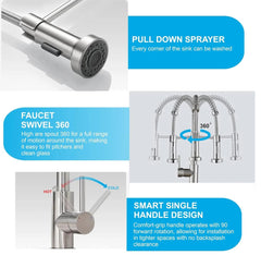 Fossa Kitchen Taps, Kitchen Sink Mixer Tap with Pull Down Sprayer, Kitchen Mixer Taps 1 Hole, 360°Swivel Spring Kitchen Faucet Single Handle Lever, 2 Spray Modes (Chrome Finish) (Silver) - Fossa Home