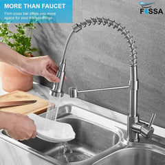 Fossa Kitchen Taps, Kitchen Sink Mixer Tap with Pull Down Sprayer, Kitchen Mixer Taps 1 Hole, 360°Swivel Spring Kitchen Faucet Single Handle Lever, 2 Spray Modes (Chrome Finish) (Silver) - Fossa Home