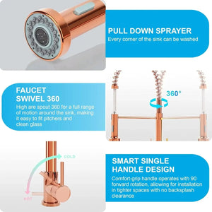Fossa Kitchen Taps, Kitchen Sink Mixer Tap with Pull Down Sprayer, Kitchen Mixer Taps 1 Hole, 360°Swivel Spring Kitchen Faucet Single Handle Lever, 2 Spray Modes (Chrome Finish) Rose Gold - Fossa Home
