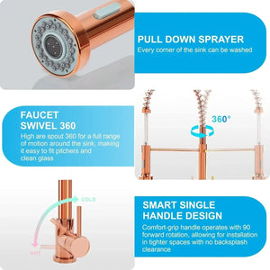 Spring Kitchen Sink Mixer Tap Faucet with Pull-Down Sprayer 360° Hot & cold Rose gold - Fossa Home