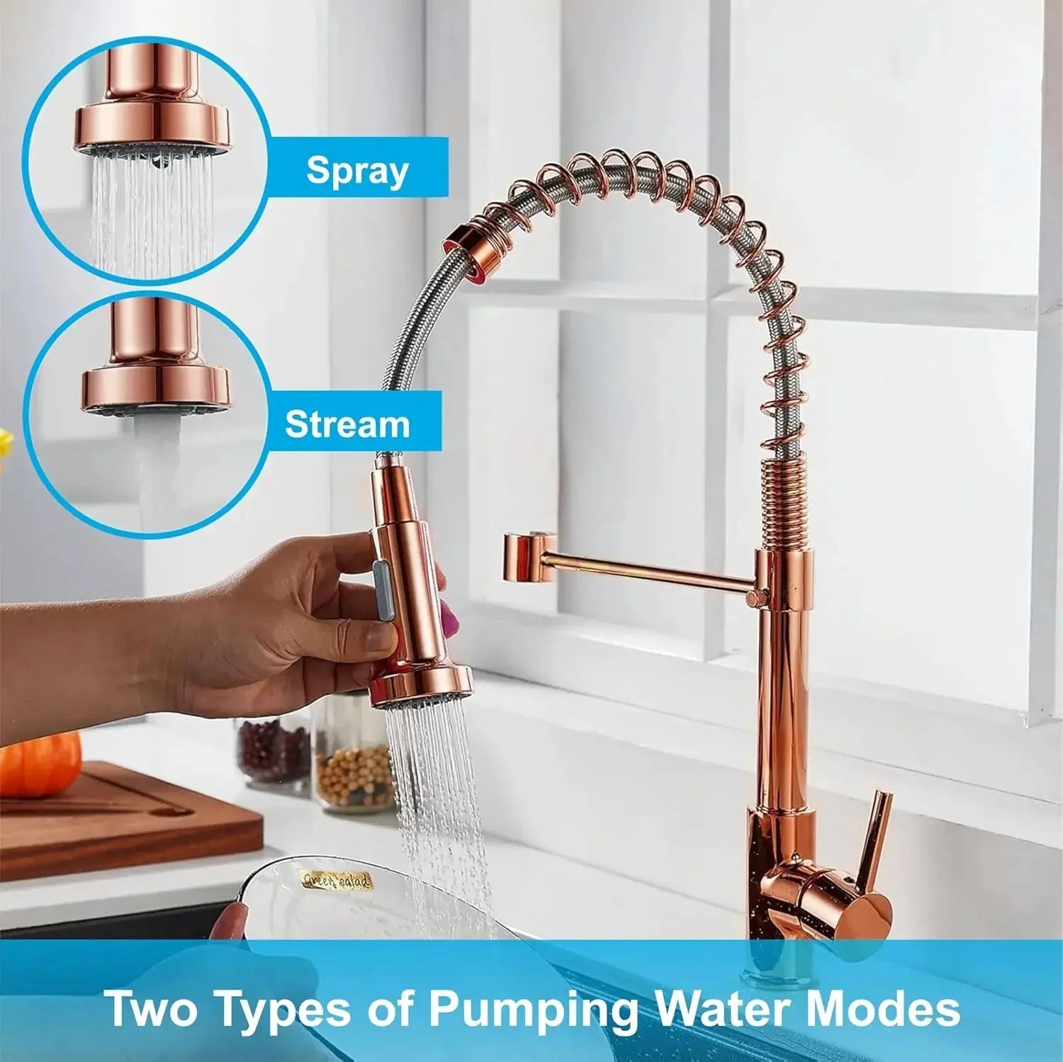 Fossa Kitchen Taps, Kitchen Sink Mixer Tap with Pull Down Sprayer, Kitchen Mixer Taps 1 Hole, 360°Swivel Spring Kitchen Faucet Single Handle Lever, 2 Spray Modes (Chrome Finish) Rose Gold - Fossa Home
