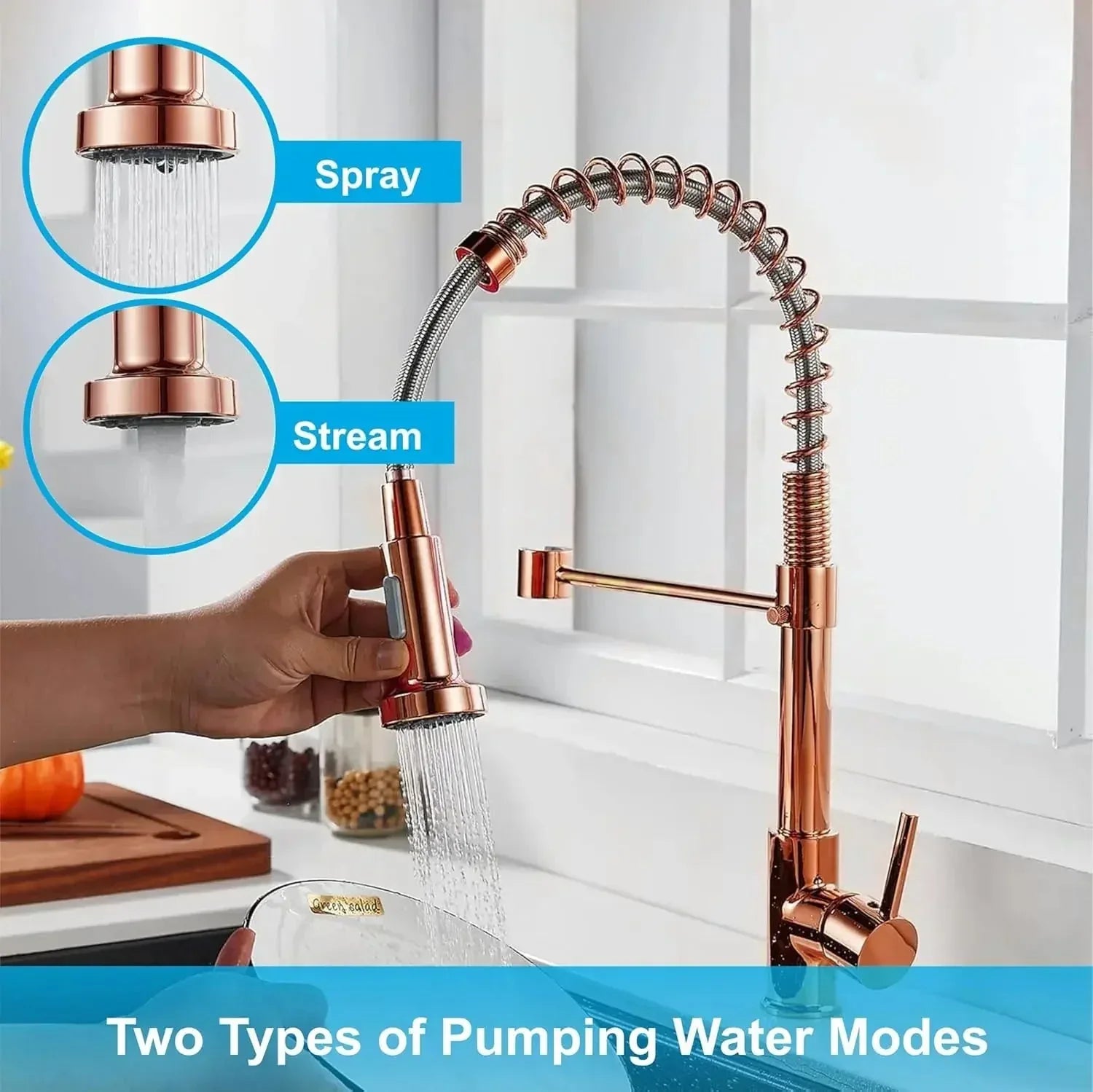 Spring Kitchen Sink Mixer Tap Faucet with Pull-Down Sprayer 360° Hot & cold Rose gold - Fossa Home