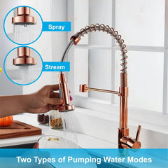 Fossa Kitchen Taps, Kitchen Sink Mixer Tap with Pull Down Sprayer, Kitchen Mixer Taps 1 Hole, 360°Swivel Spring Kitchen Faucet Single Handle Lever, 2 Spray Modes (Chrome Finish) Rose Gold - Fossa Home