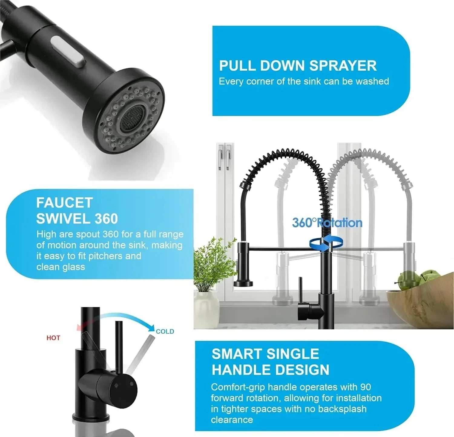 Spring Kitchen Sink Mixer Tap with Pull-Down Sprayer Black 360° Hot & Cold - Fossa Home